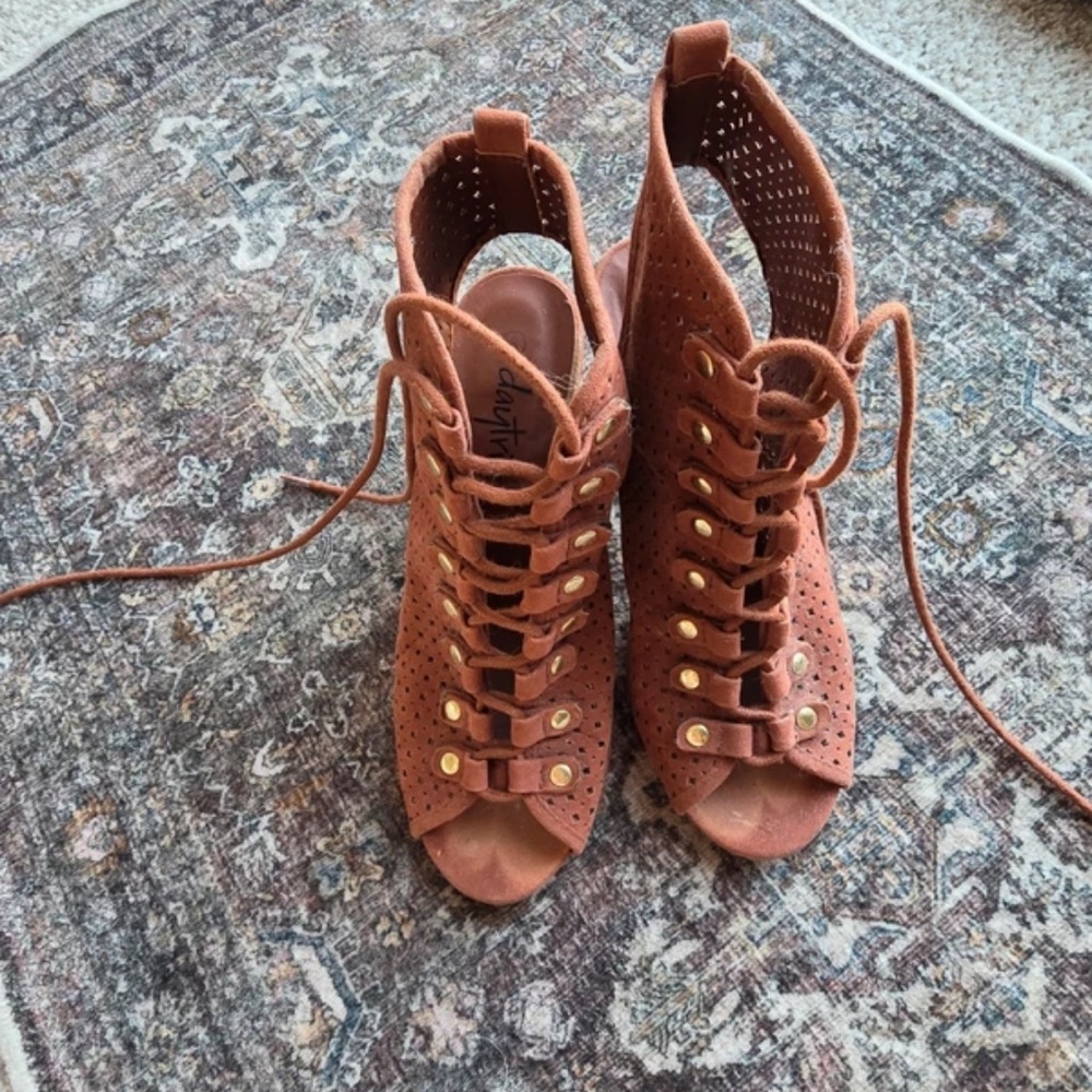 Lace-Up Peep-Toe Heels in Rust Brown with Gold Eyelets